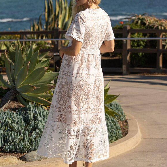 Lace midi dress- Smoked waistband, crochet lace trim - Picture 5 of 5